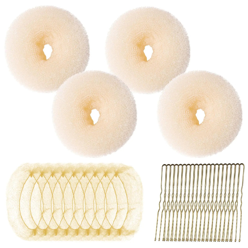 Teenitor Hair Bun Maker Kit 4pcs Medium Size Donut Bun Maker 10pcs 50cm Invisible Hair Nets 10pcs 6cm Hair Bobby Pins Hair Bun Shaper Set Beige