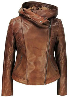 Fashion Women's Hooded Leather Jacket