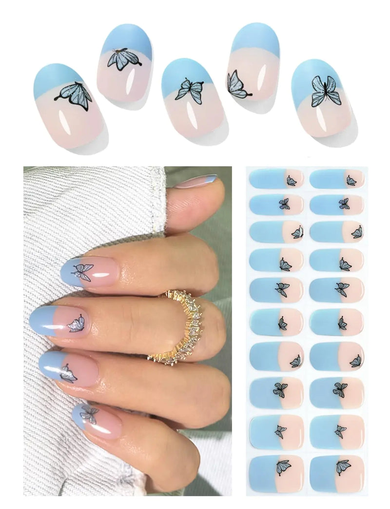 Wahrshei Semi Cured Gel Nail Strips | 20pcs French Butterfly Gel Nail Stickers UV | Semi Cured Gel Nail Wraps for Home Nails DIY