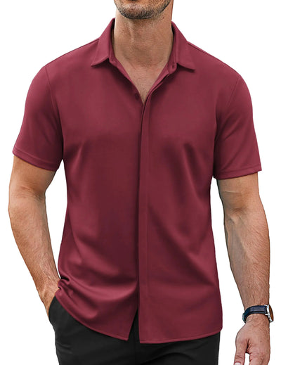 COOFANDY Mens Casual Shirts Short Sleeve Muscle Fit Shirts Summer Button Down Shirts Wine Red