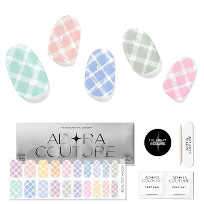 Adora Couture Semi Cured Gel Nail Strips with 20 Pieces Salon Quality Nail Wraps for Women Pastel Argyle Pattern UV Gel Nail Stickers| UV Light Required Pastel Argyle
